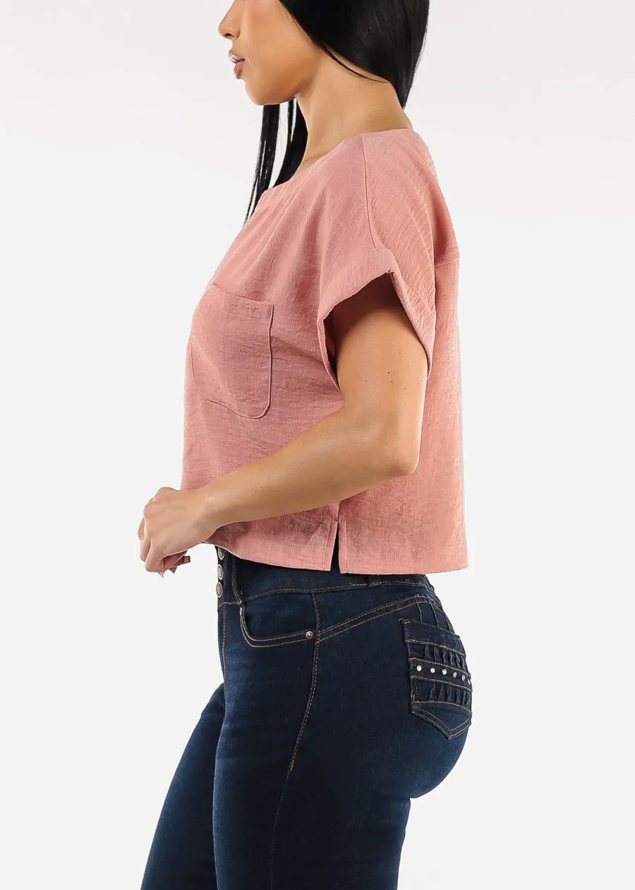 Short Dolman Sleeve Round Neck Linen Crop Top Rose sold by Moda product image thumbnail 3