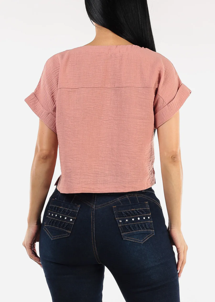Short Dolman Sleeve Round Neck Linen Crop Top Rose sold by Moda product image thumbnail 4
