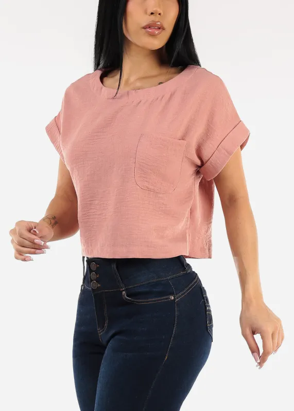 Short Dolman Sleeve Round Neck Linen Crop Top Rose sold by Moda