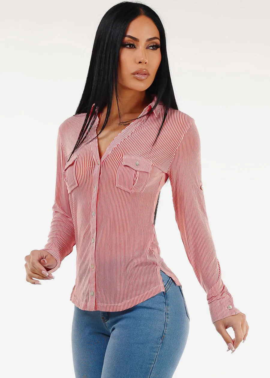 Mesh Striped Long Sleeve Button Down Collared Blouse Terracota sold by Moda