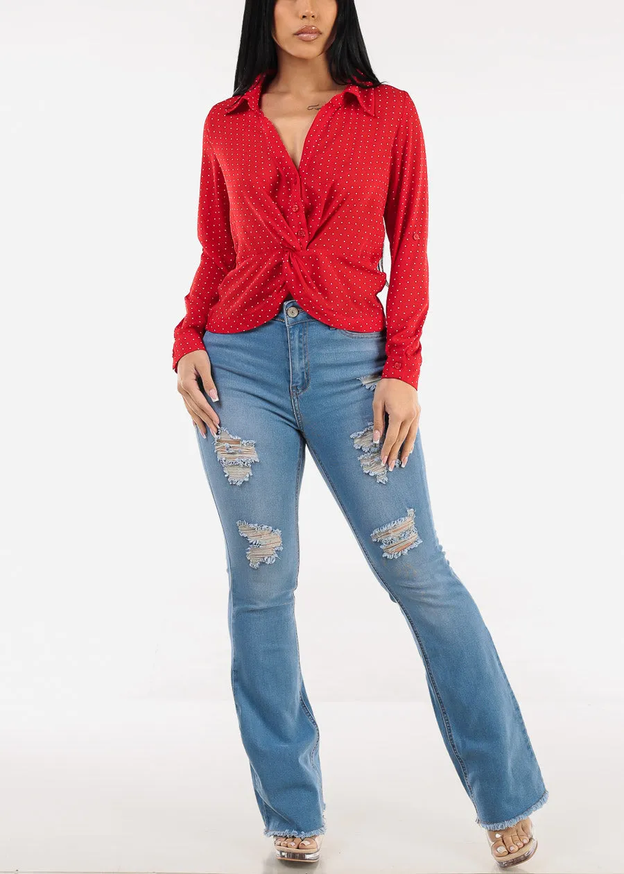 Long Sleeve Twist Front Polka Dot Chiffon Blouse Red sold by Moda product image thumbnail 5