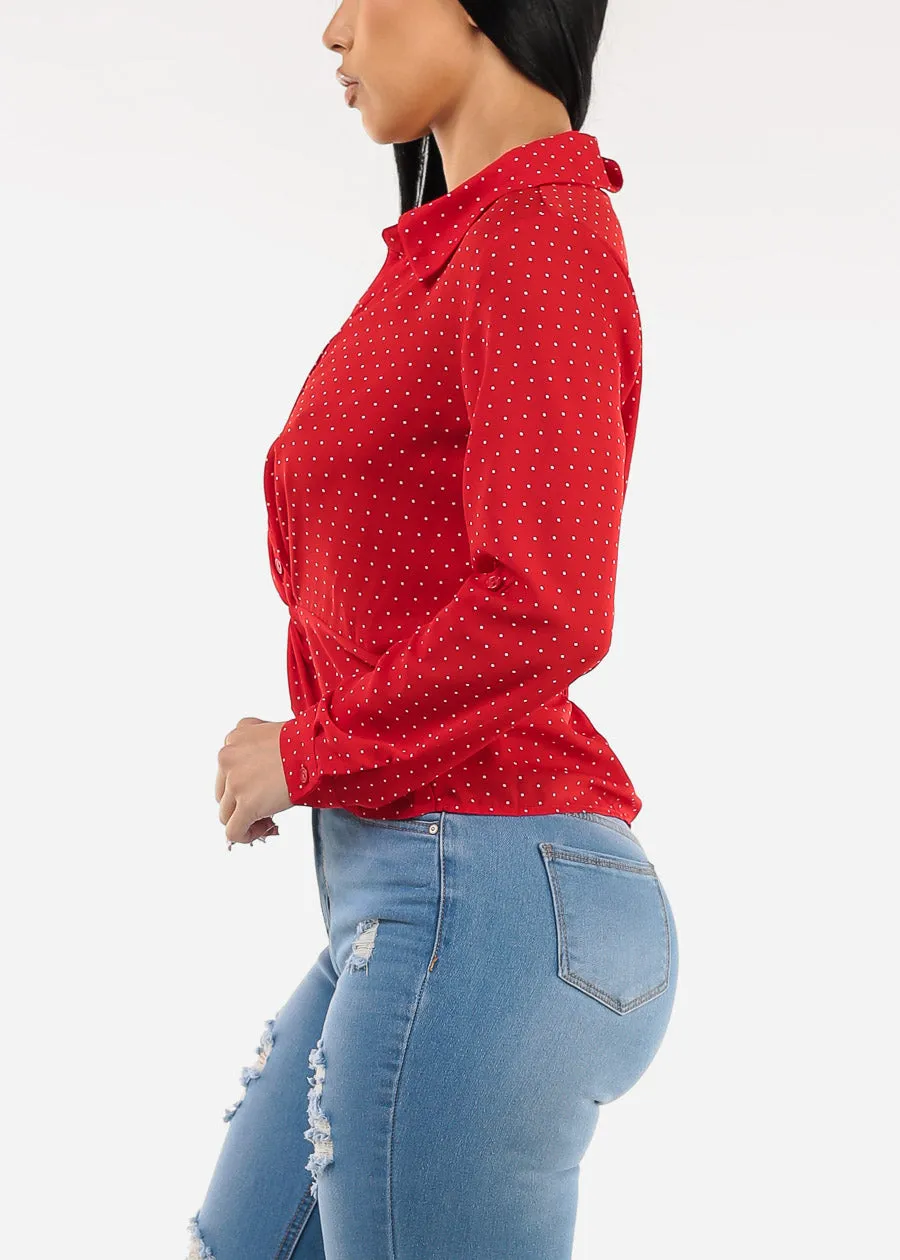 Long Sleeve Twist Front Polka Dot Chiffon Blouse Red sold by Moda product image thumbnail 3