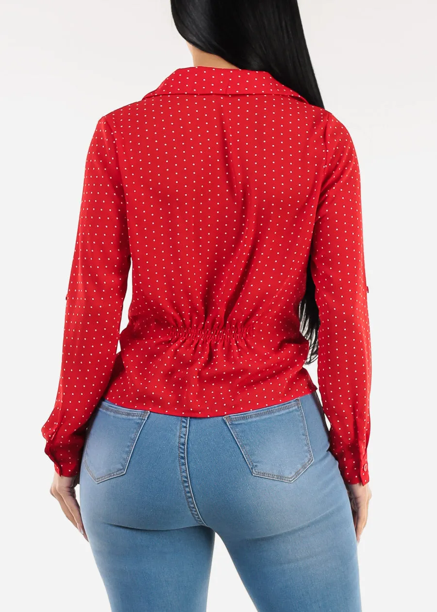 Long Sleeve Twist Front Polka Dot Chiffon Blouse Red sold by Moda product image thumbnail 4