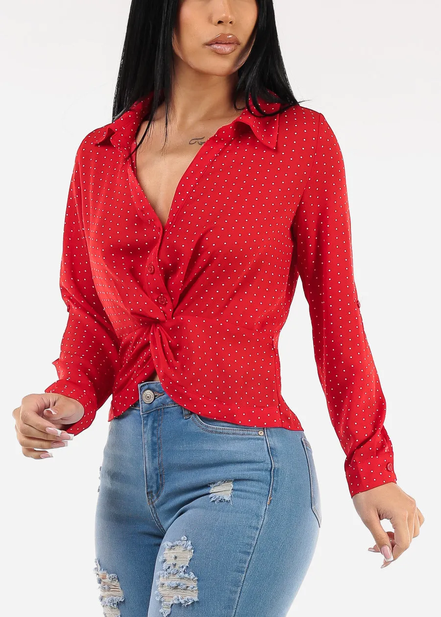 Long Sleeve Twist Front Polka Dot Chiffon Blouse Red sold by Moda