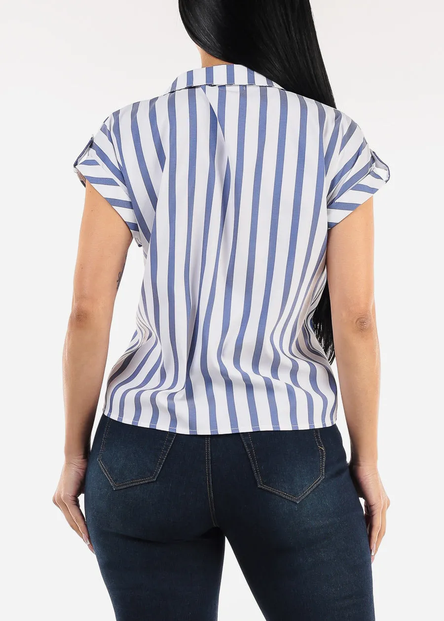 Short Sleeve Button Up Tie Front Stripe Blouse Navy sold by Moda product image thumbnail 4