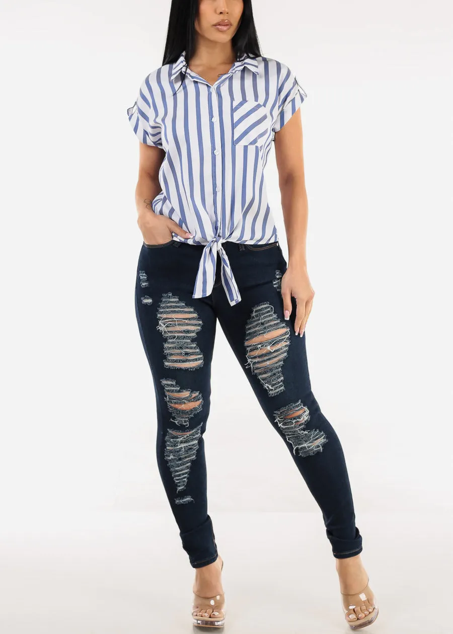 Short Sleeve Button Up Tie Front Stripe Blouse Navy sold by Moda product image thumbnail 2