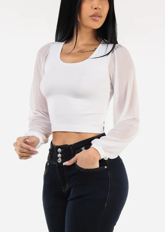 Mesh Long Sleeve Seamless Crop Top White sold by Moda