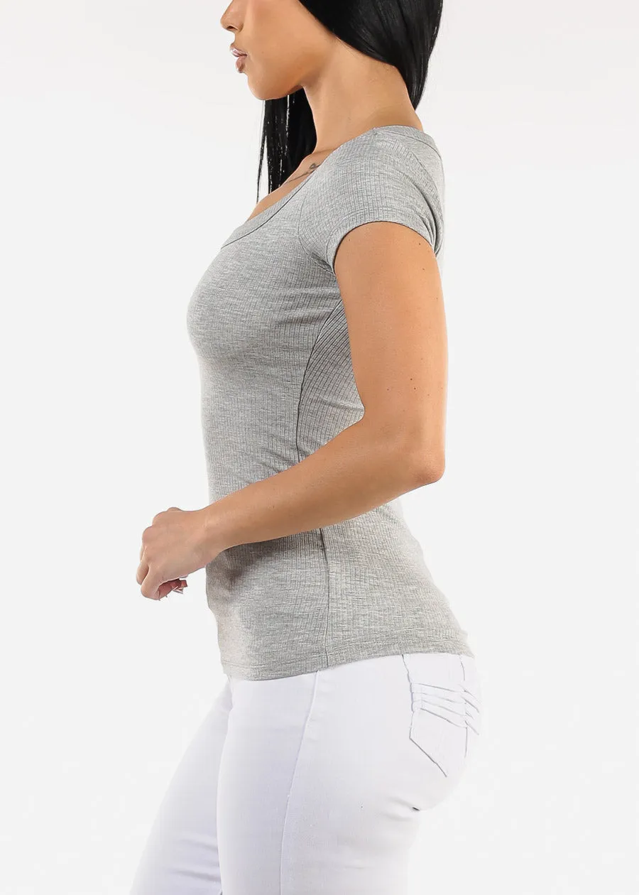 Short Sleeve Round Neck Stretch Ribbed Top Grey sold by Moda product image thumbnail 3