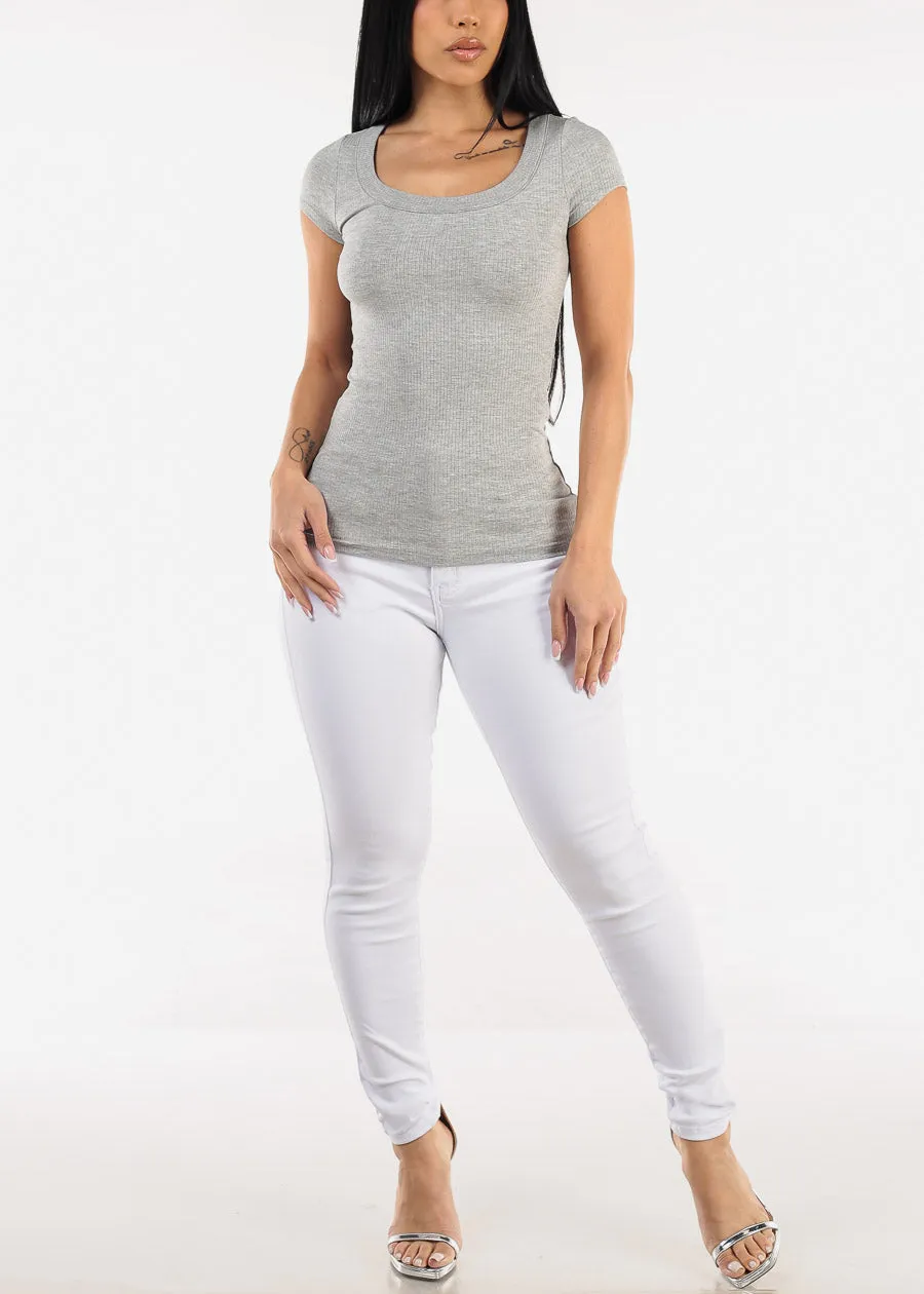 Short Sleeve Round Neck Stretch Ribbed Top Grey sold by Moda product image thumbnail 2
