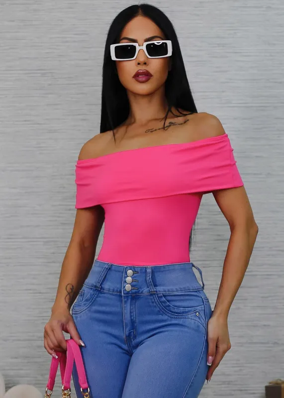 Stretchy Off Shoulder Crop Top Pink sold by Moda