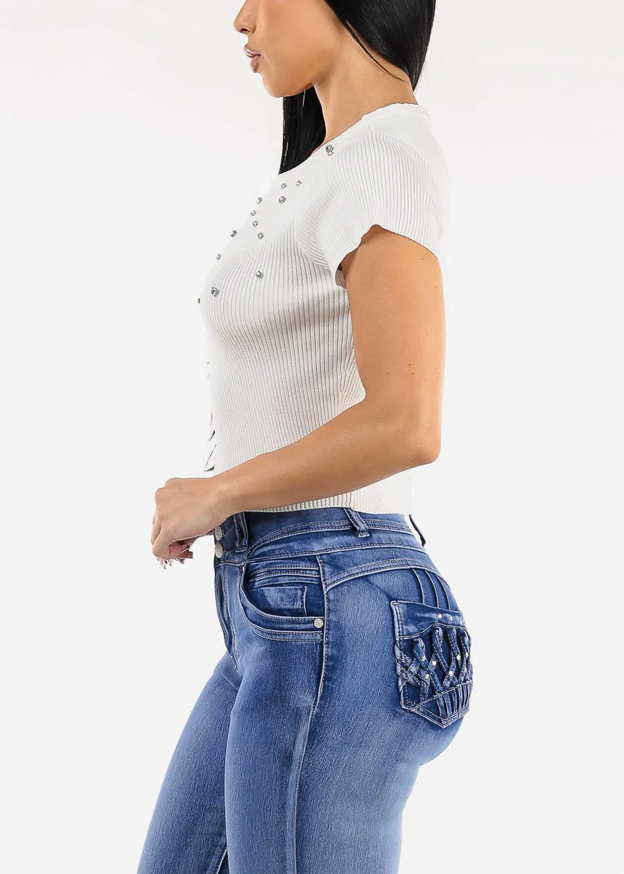White Short Sleeve Ribbed Top w Rhinestones sold by Moda product image thumbnail 3