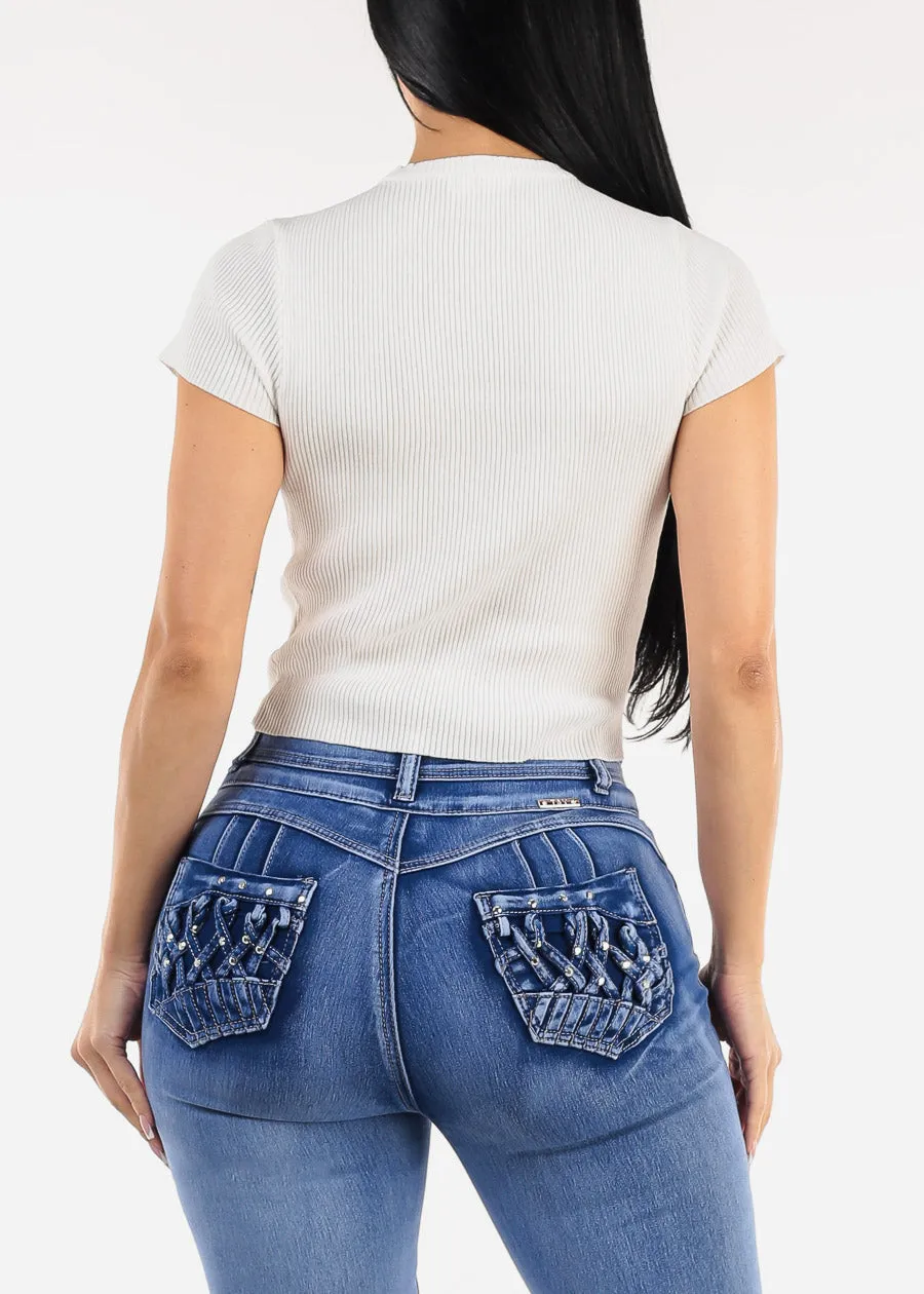 White Short Sleeve Ribbed Top w Rhinestones sold by Moda product image thumbnail 4