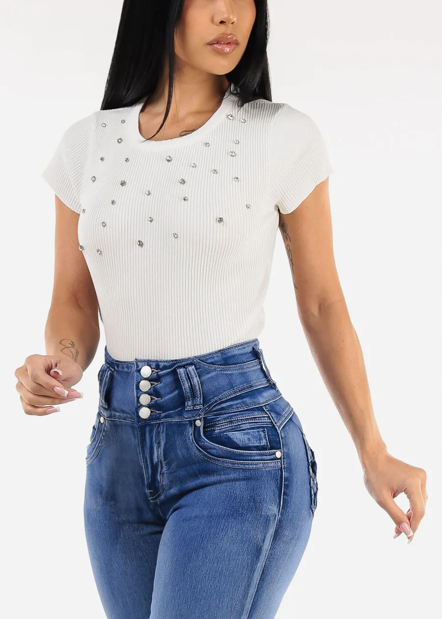 White Short Sleeve Ribbed Top w Rhinestones sold by Moda