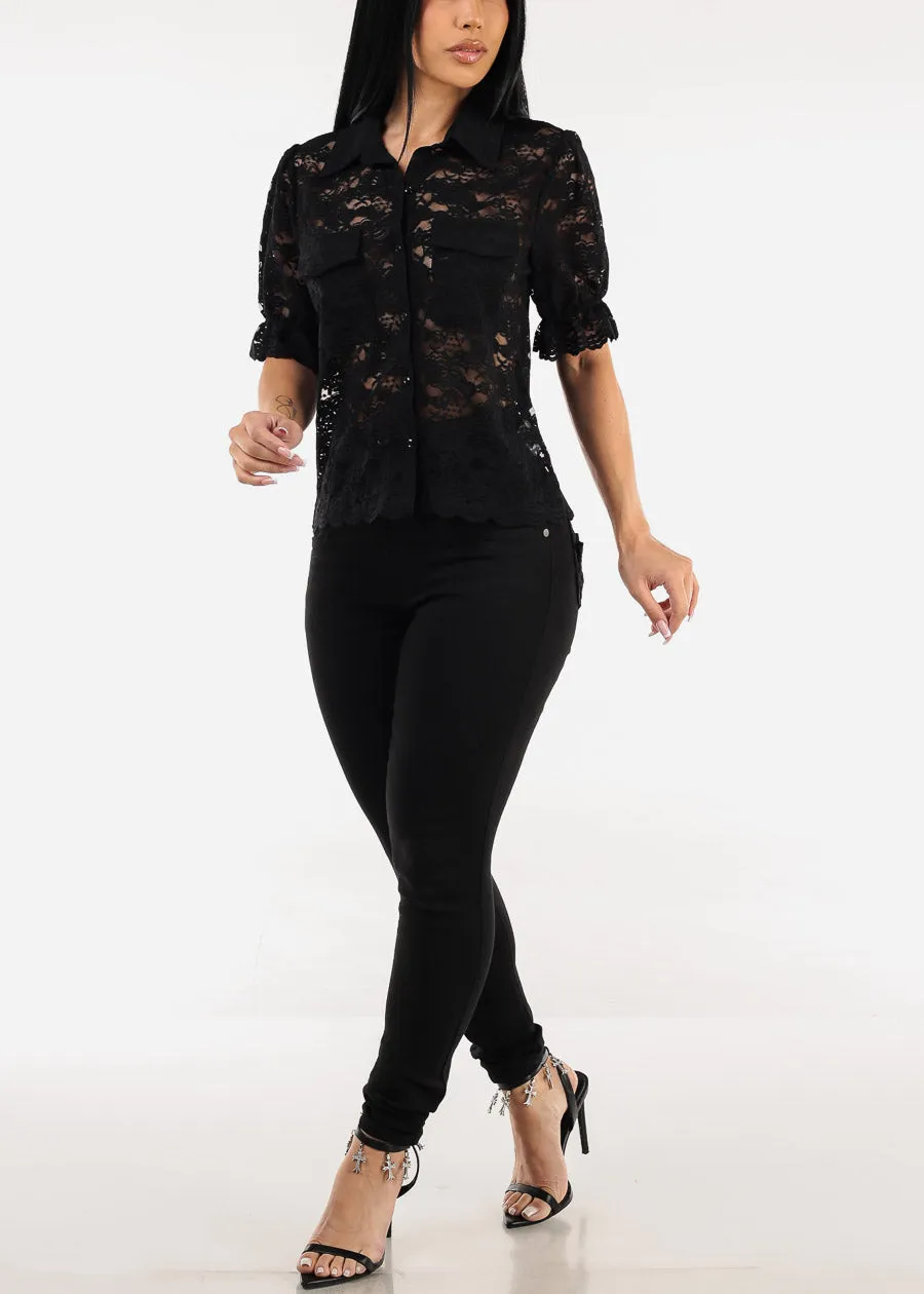Lace Short Sleeve Button Up Collared Blouse Black sold by Moda product image thumbnail 2