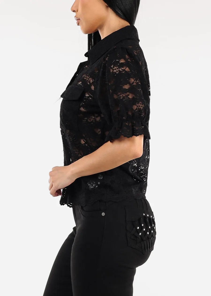 Lace Short Sleeve Button Up Collared Blouse Black sold by Moda product image thumbnail 3