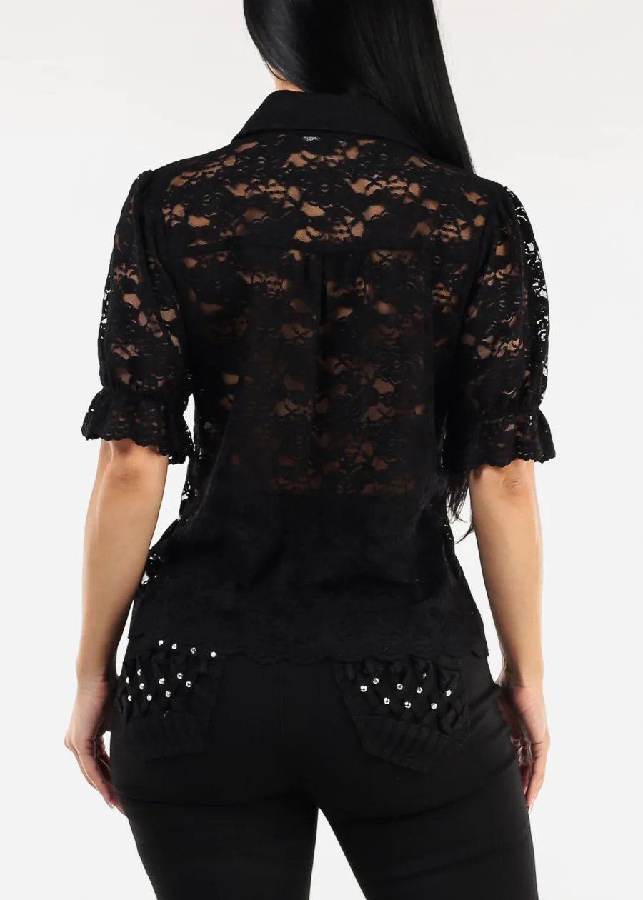 Lace Short Sleeve Button Up Collared Blouse Black sold by Moda product image thumbnail 4