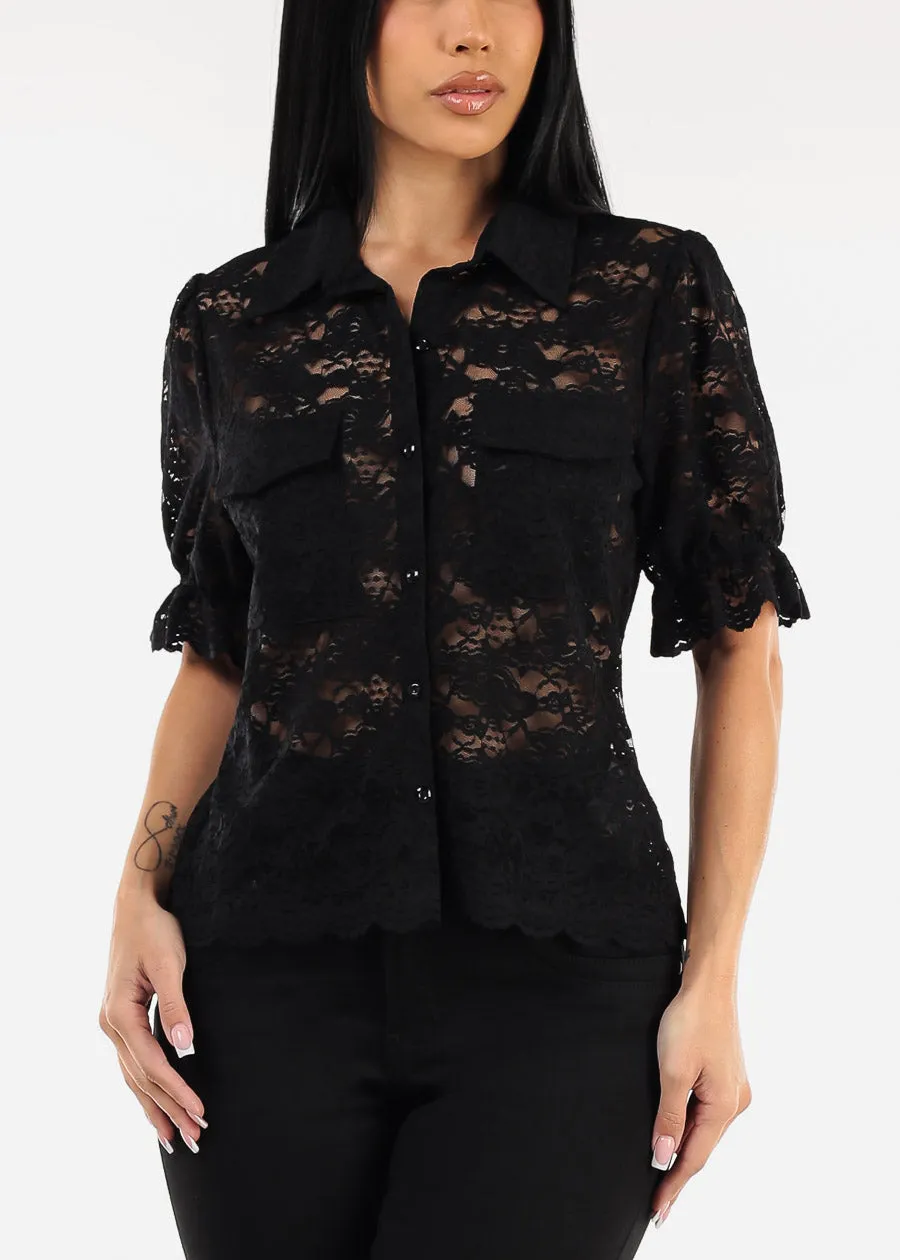 Lace Short Sleeve Button Up Collared Blouse Black sold by Moda