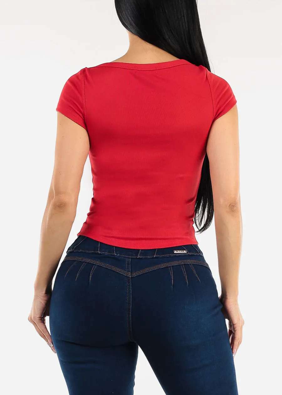 Short Sleeve Boat Neckline Stretch Top Red sold by Moda product image thumbnail 4