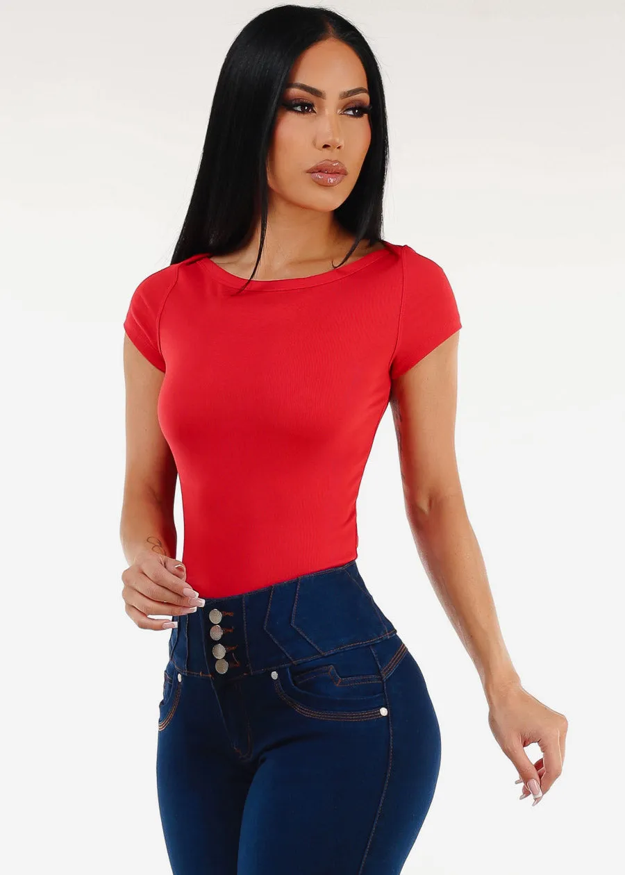 Short Sleeve Boat Neckline Stretch Top Red sold by Moda