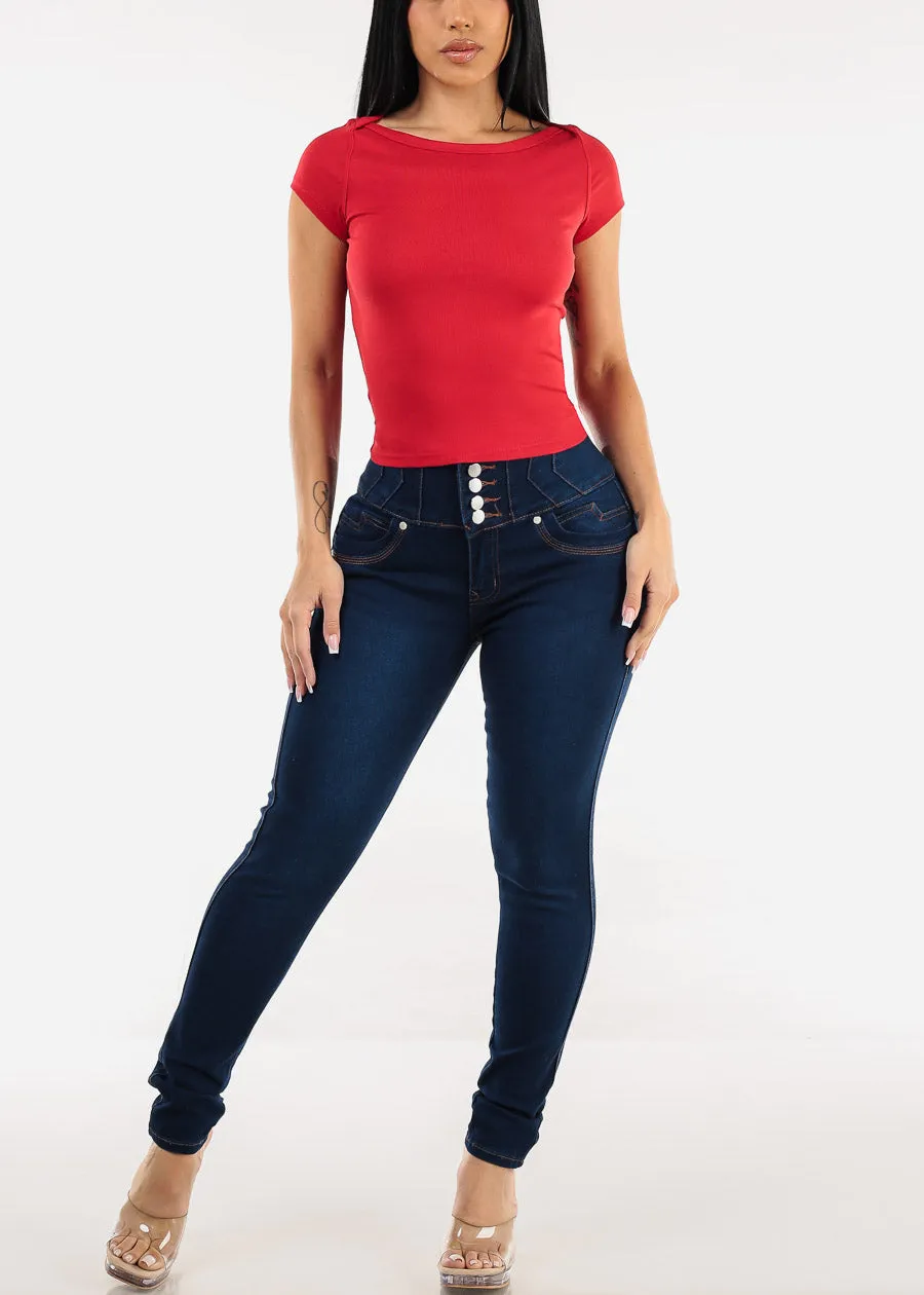 Short Sleeve Boat Neckline Stretch Top Red sold by Moda product image thumbnail 2