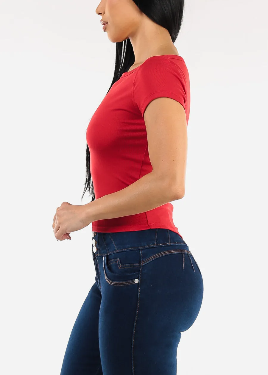 Short Sleeve Boat Neckline Stretch Top Red sold by Moda product image thumbnail 3