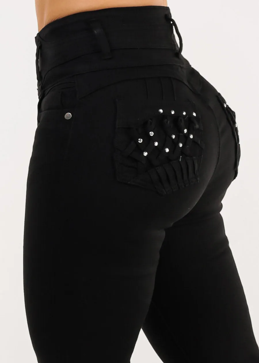 Butt Lift Super High Waist Black Skinny Jeans w Back Pocket Design sold by Moda
