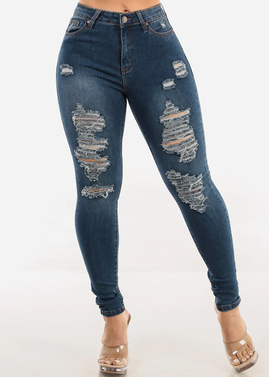 Stretchy Distressed Mid Rise Skinny Jeans Med Blue sold by Moda