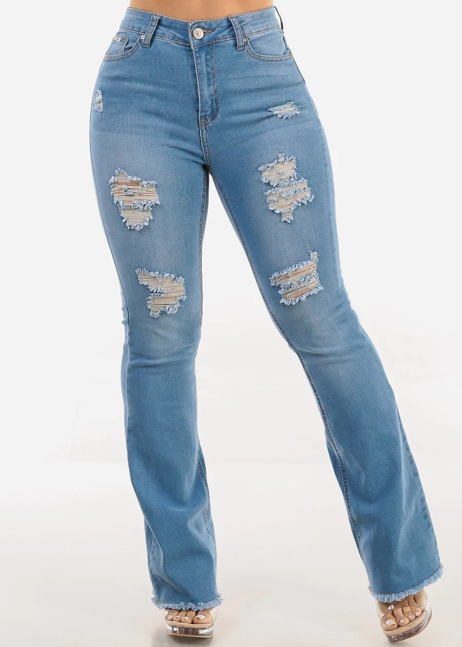 Stretchy High Waist Distressed Bootcut Jeans Light Blue sold by Moda