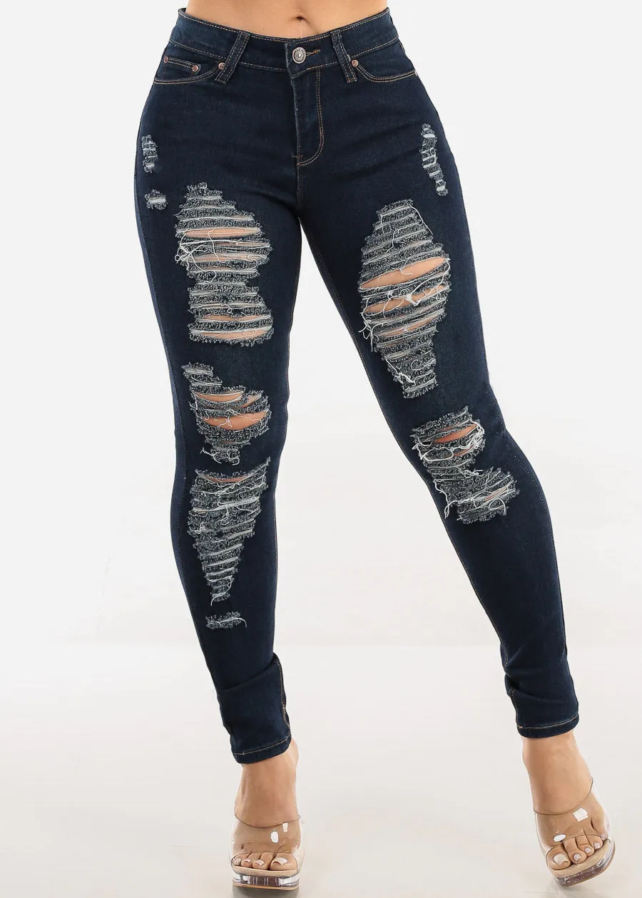 Stretchy Distressed Mid Rise Dark Skinny Jeans sold by Moda