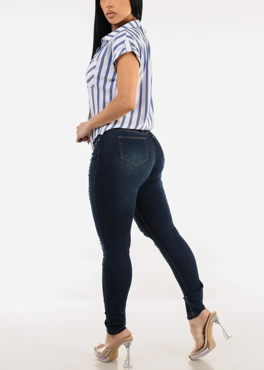 Stretchy Distressed Mid Rise Dark Skinny Jeans sold by Moda product image thumbnail 5