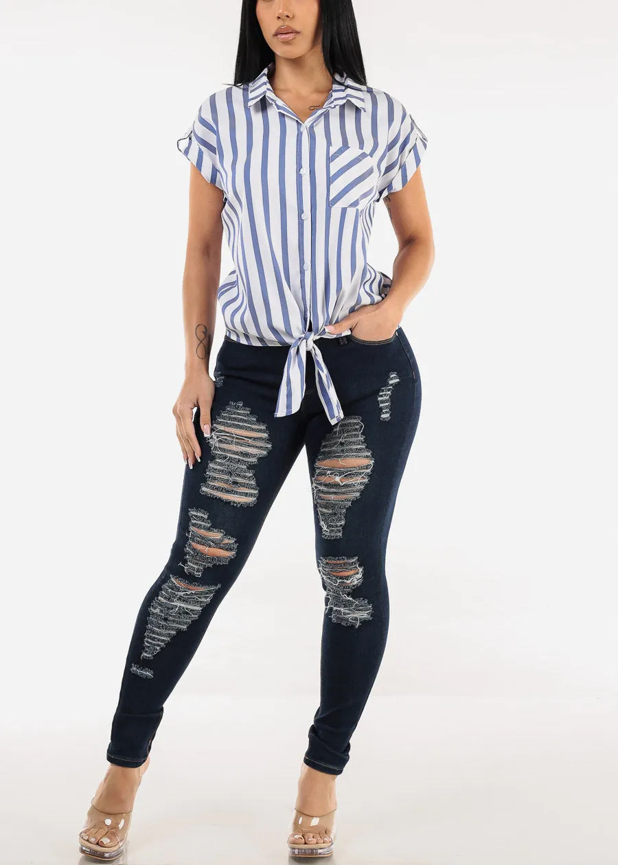 Stretchy Distressed Mid Rise Dark Skinny Jeans sold by Moda product image thumbnail 2