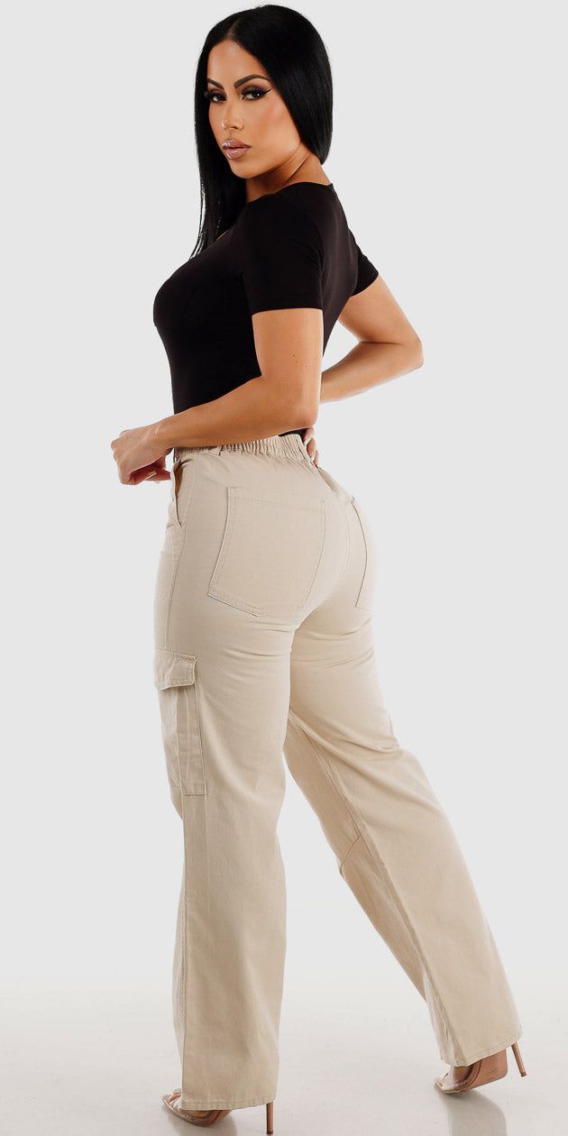 Cotton Wide Legged Khaki Cargo Pants Short Sleeve Black Bodysuit and B&W Plaid Hoodie Shacket sold by Moda product image thumbnail 2