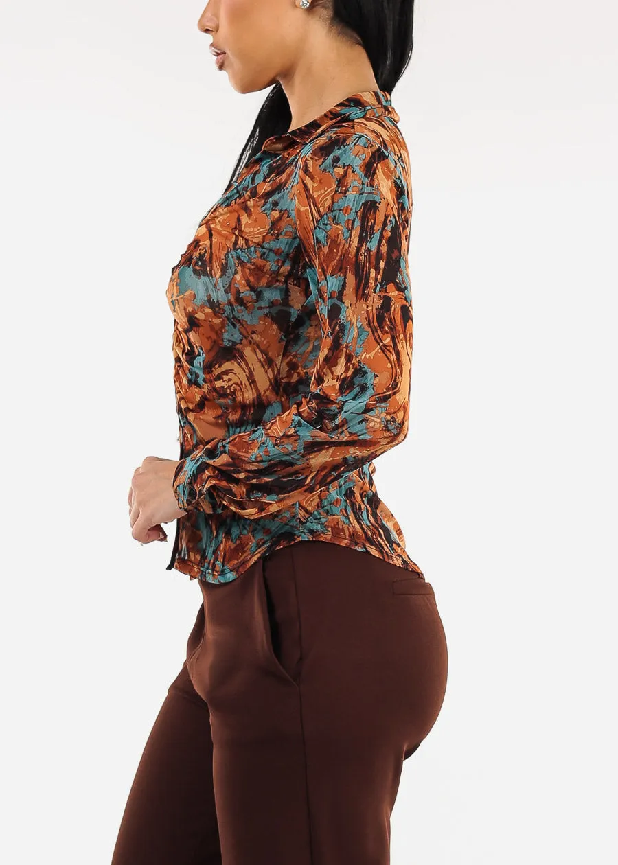 Mesh Ruched Long Sleeve Printed Blouse Rust sold by Moda product image thumbnail 3