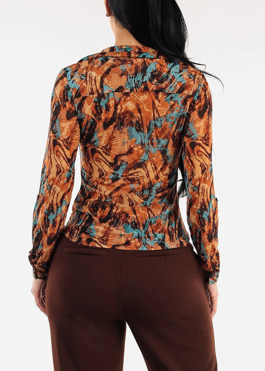 Mesh Ruched Long Sleeve Printed Blouse Rust sold by Moda product image thumbnail 4