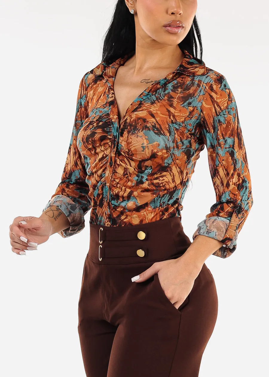 Mesh Ruched Long Sleeve Printed Blouse Rust sold by Moda