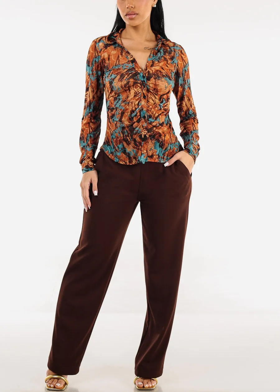 Mesh Ruched Long Sleeve Printed Blouse Rust sold by Moda product image thumbnail 2
