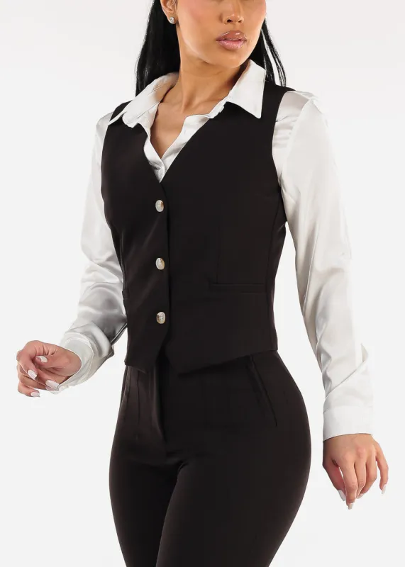 Black Sleeveless Vneck Button Up Dressy Vest sold by Moda