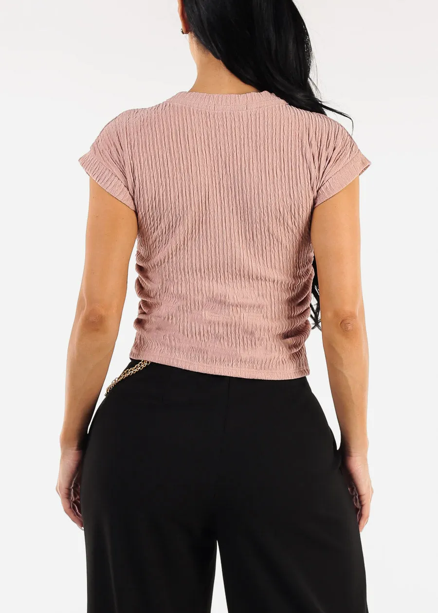 Stretchy Short Sleeve Ruched Blouse Pink w Necklace sold by Moda product image thumbnail 4