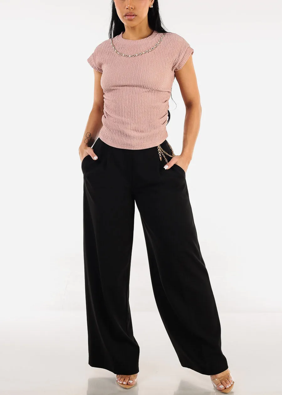 Stretchy Short Sleeve Ruched Blouse Pink w Necklace sold by Moda product image thumbnail 2