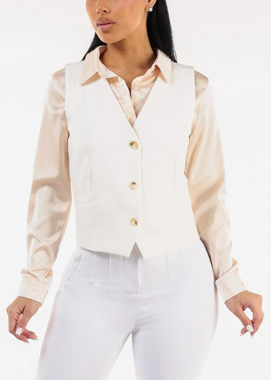 White Sleeveless Vneck Button Up Dressy Vest sold by Moda