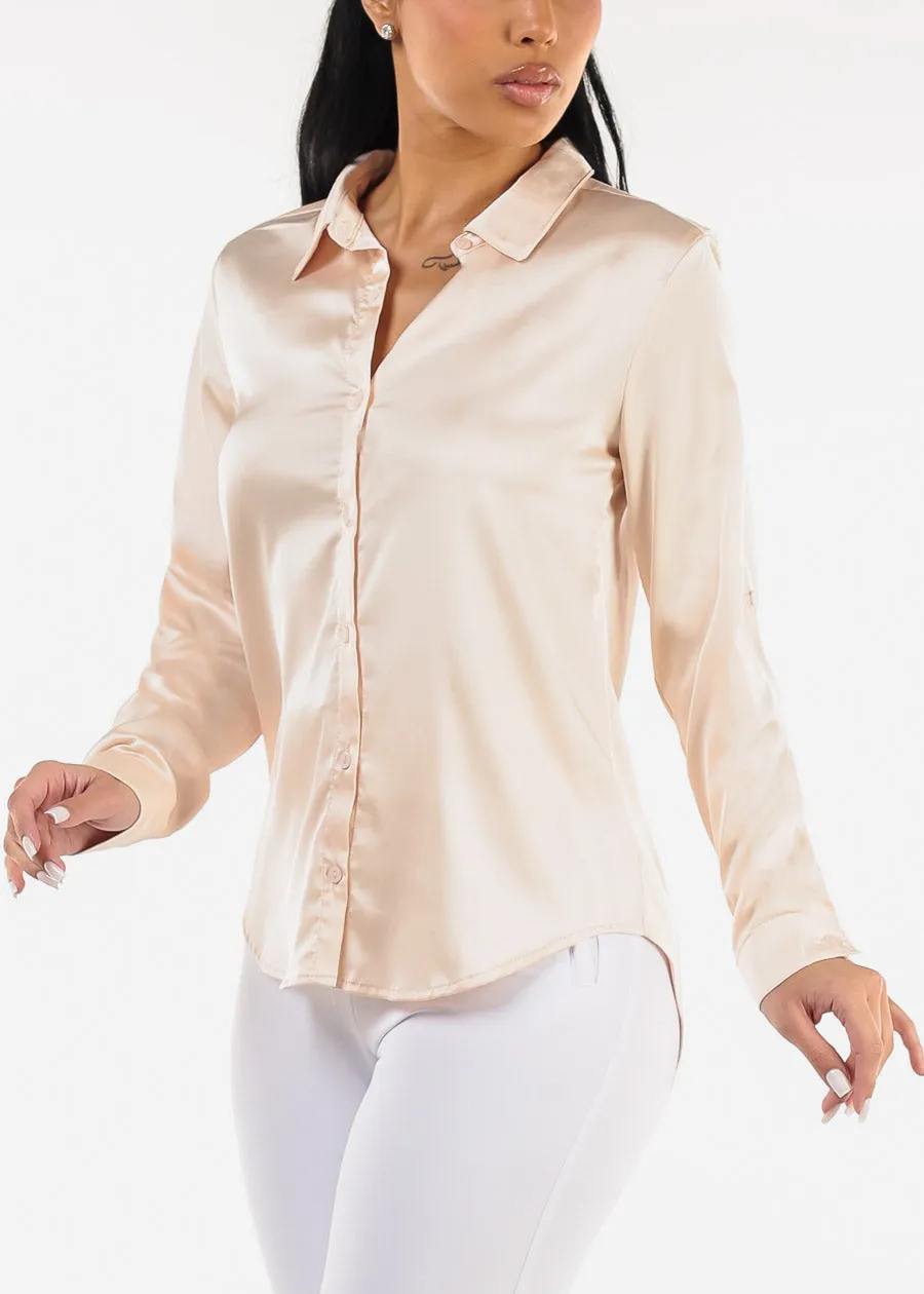 Long Sleeve Button Down Satin Blouse Nude sold by Moda