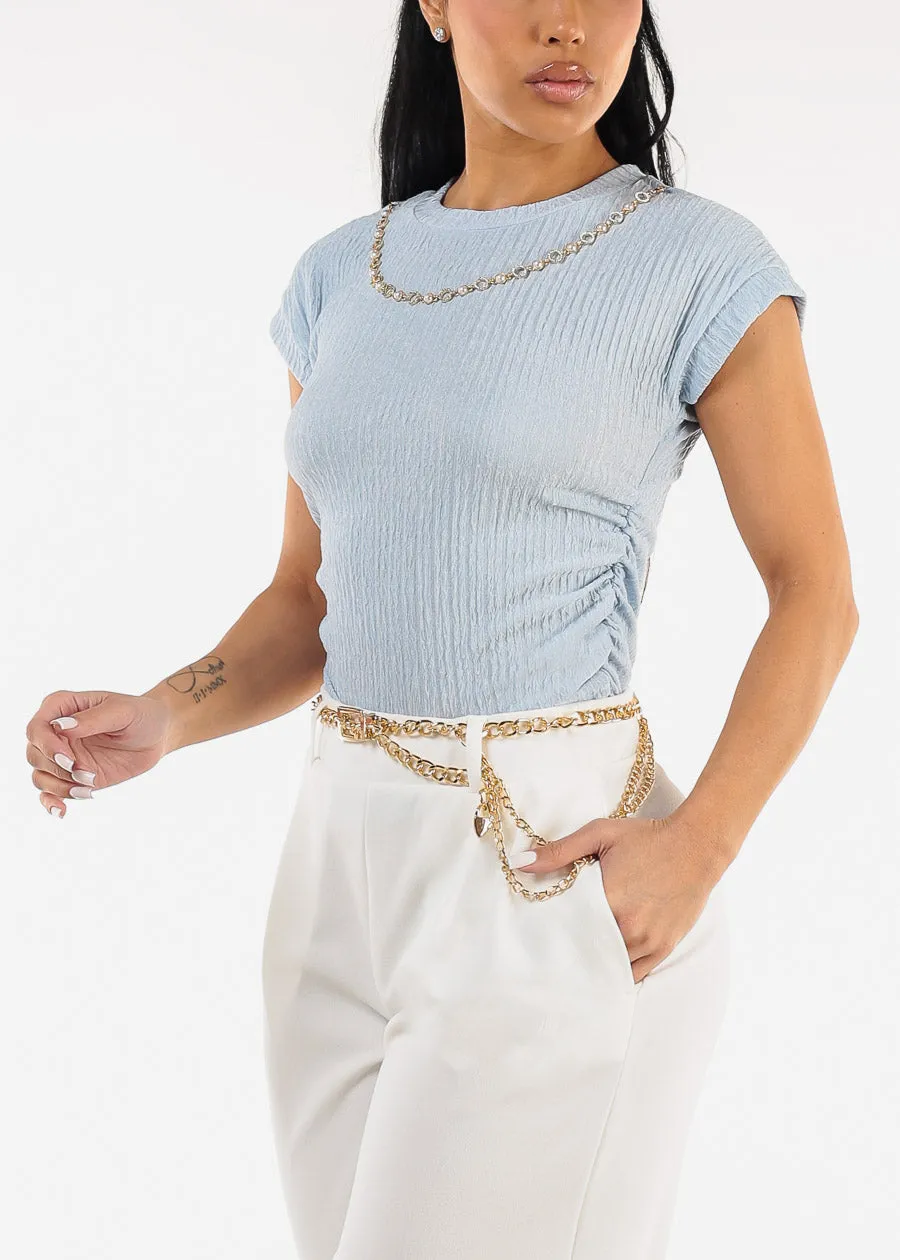 Stretchy Short Sleeve Ruched Blouse Light Blue w Necklace sold by Moda