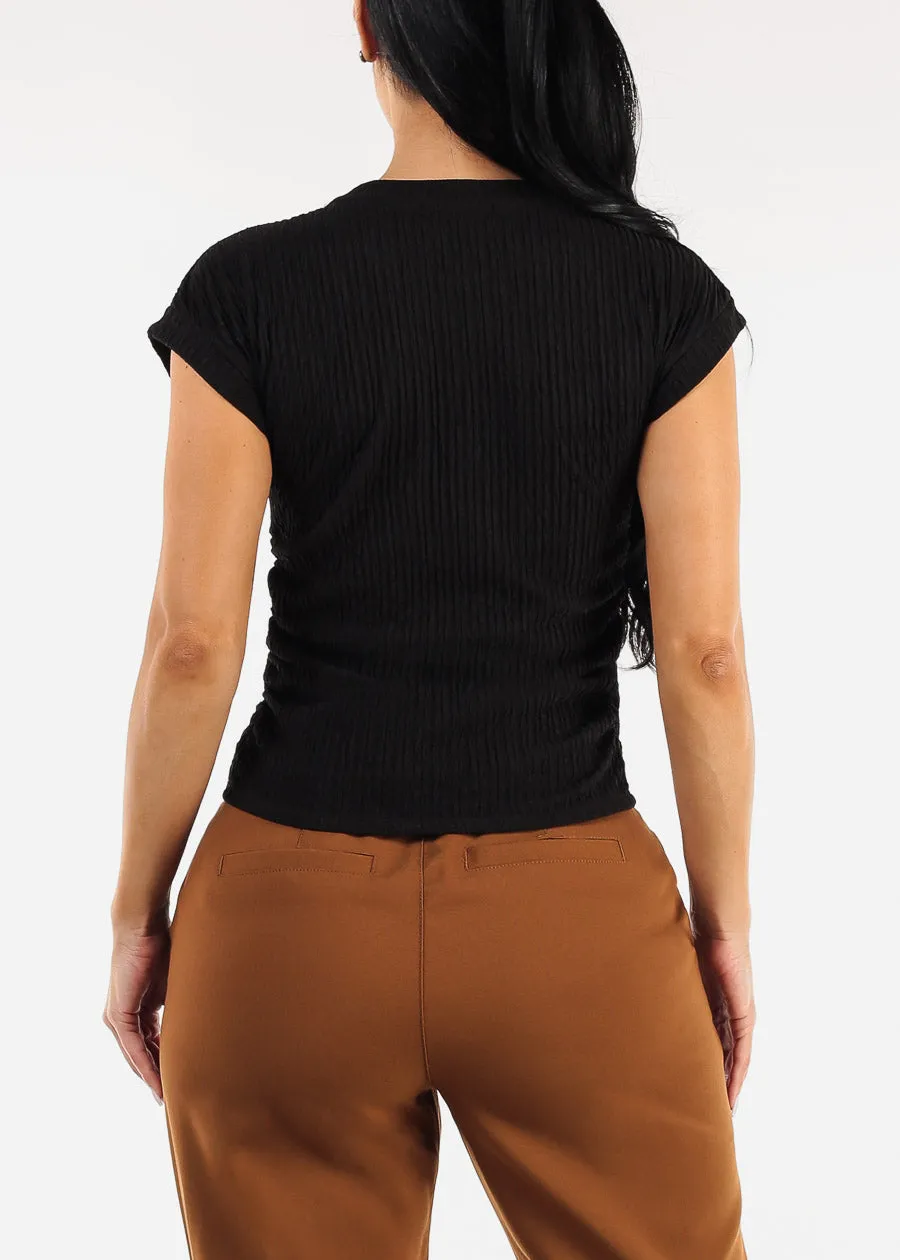 Stretchy Short Sleeve Ruched Black Blouse w Necklace sold by Moda product image thumbnail 4