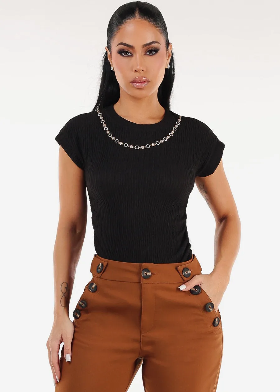 Stretchy Short Sleeve Ruched Black Blouse w Necklace sold by Moda