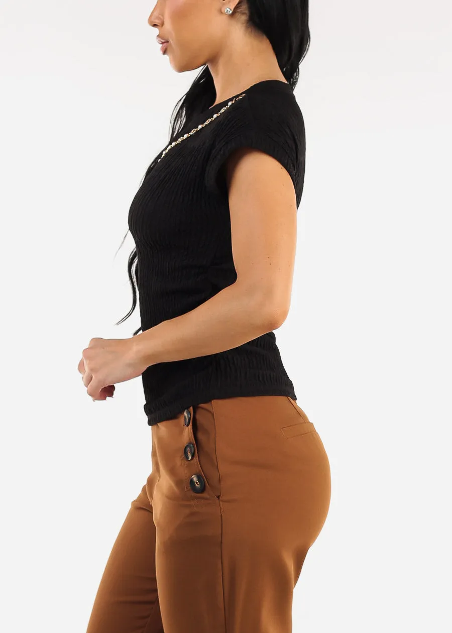 Stretchy Short Sleeve Ruched Black Blouse w Necklace sold by Moda product image thumbnail 3