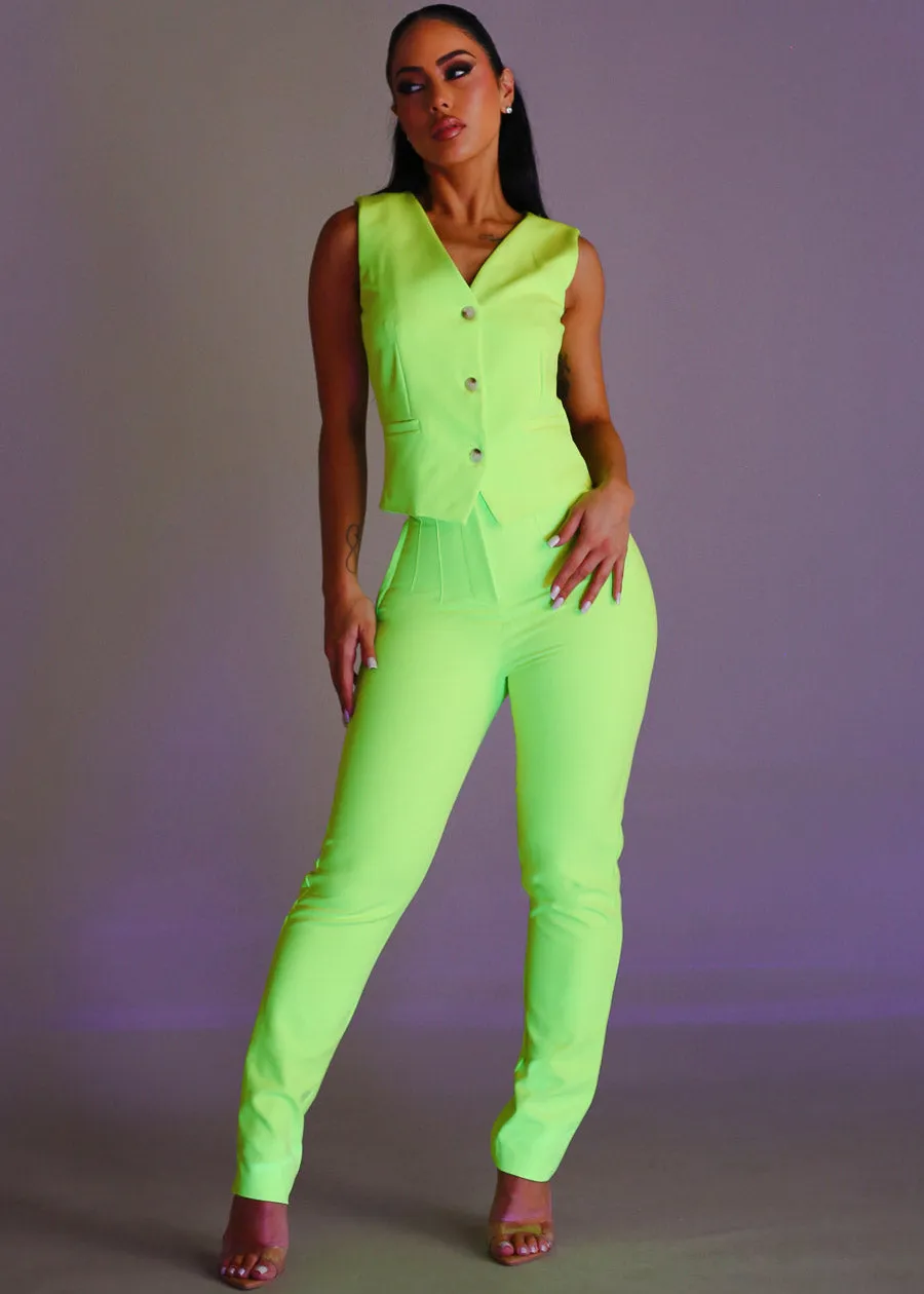 Super High Waist Straight Leg Dressy Pants Neon Lime sold by Moda product image thumbnail 2