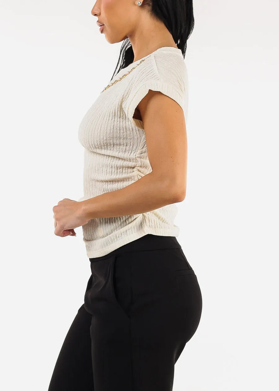 Stretchy Short Sleeve Ruched Ivory Blouse w Necklace sold by Moda product image thumbnail 3