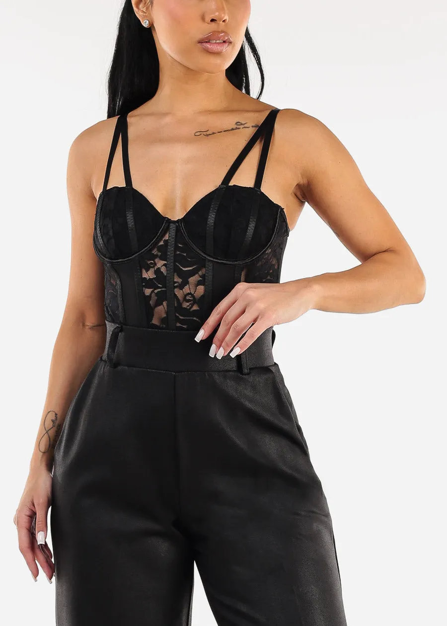 Black Sleeveless Floral Mesh Sheer Thong Bodysuit sold by Moda product image thumbnail 5