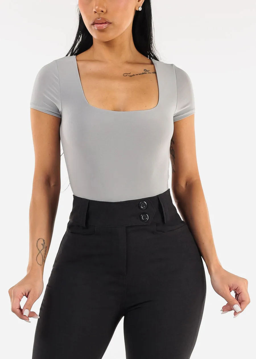 Short Sleeve Square Neck Stretch Thong Bodysuit Light Grey sold by Moda product image thumbnail 5