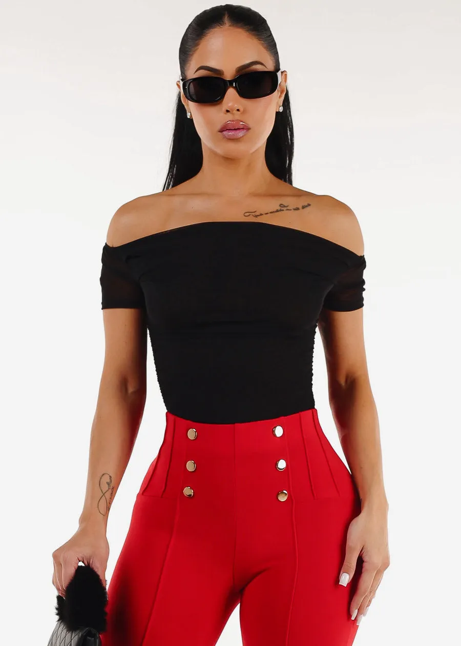 Black Off Shoulder Ruched Crop Top sold by Moda